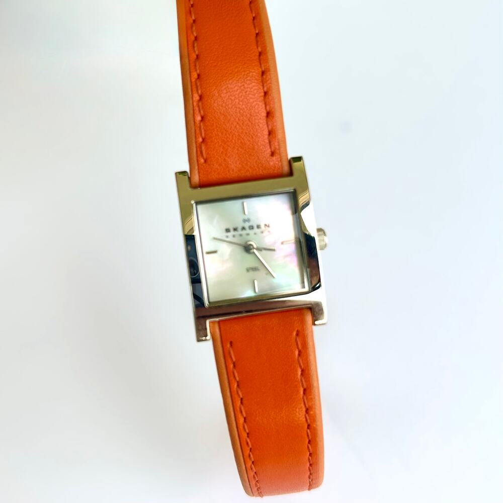 Skagen Denmark Square Watch Mother of Pearl Orange Leather Strap 2000s Vintage - Picture 8 of 14